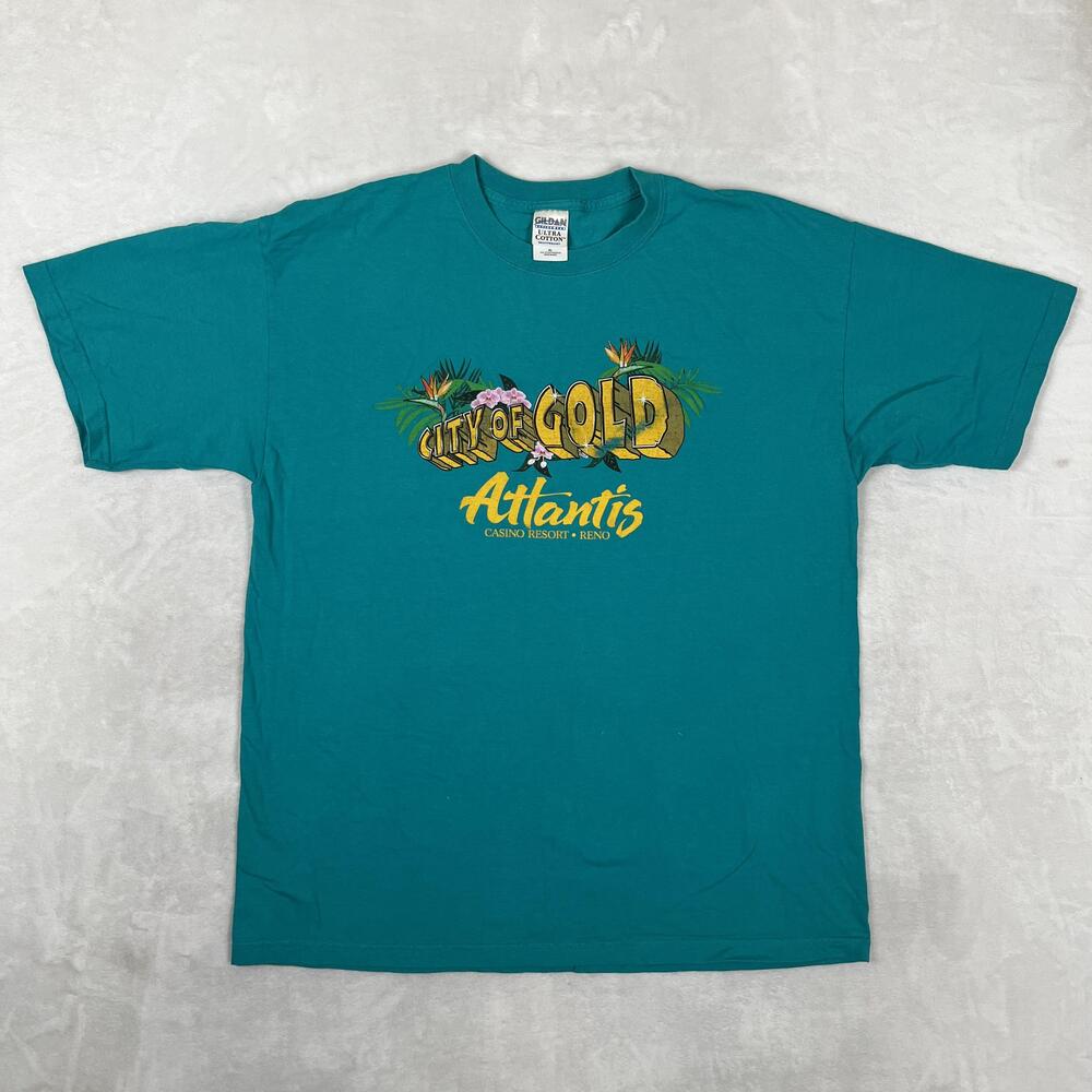 Vintage Atlantis Casino T-Shirt Mens XL Green City Of Gold Reno Graphic Tee